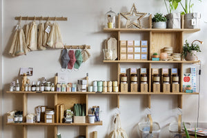 View of Scandi style shelves in the Fresk store with eco-friendly products on display